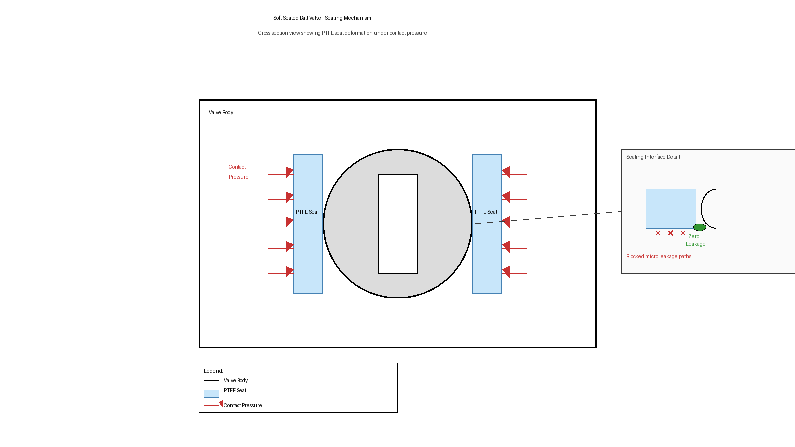 Soft seated ball valve sealing mechanism showing PTFE seat deformation creating zero leakage seal