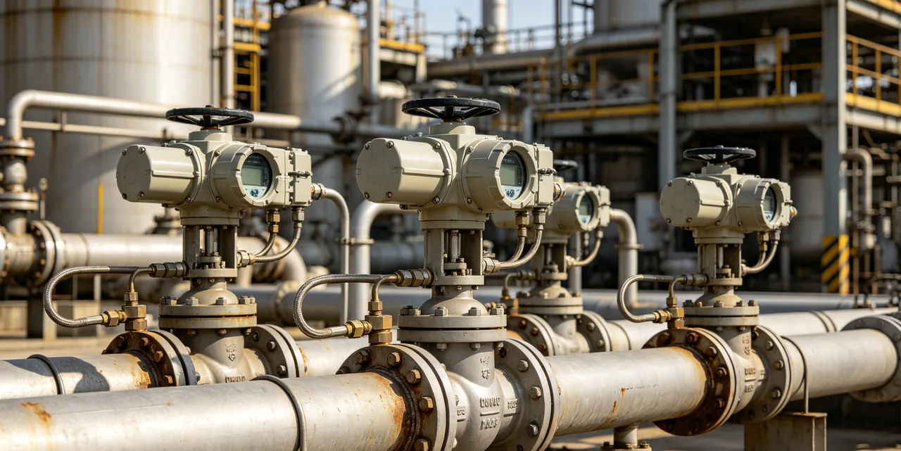 Control valves with actuators installed on process plant piping in a refinery environment
