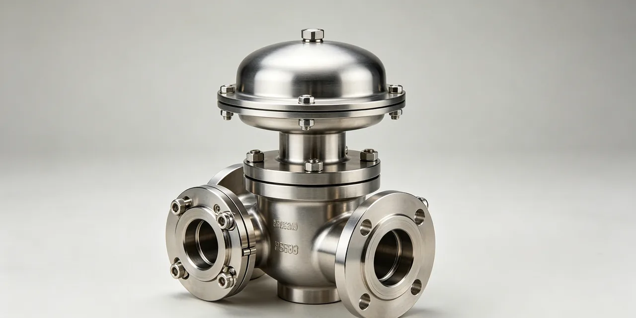 Sanitary stainless steel diaphragm valve with flanged connections and dome actuator