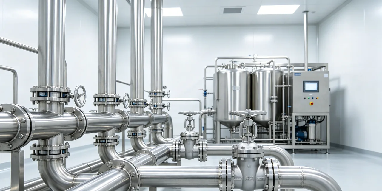 Stainless steel sanitary process piping in a pharmaceutical cleanroom where diaphragm valves control hygienic flow