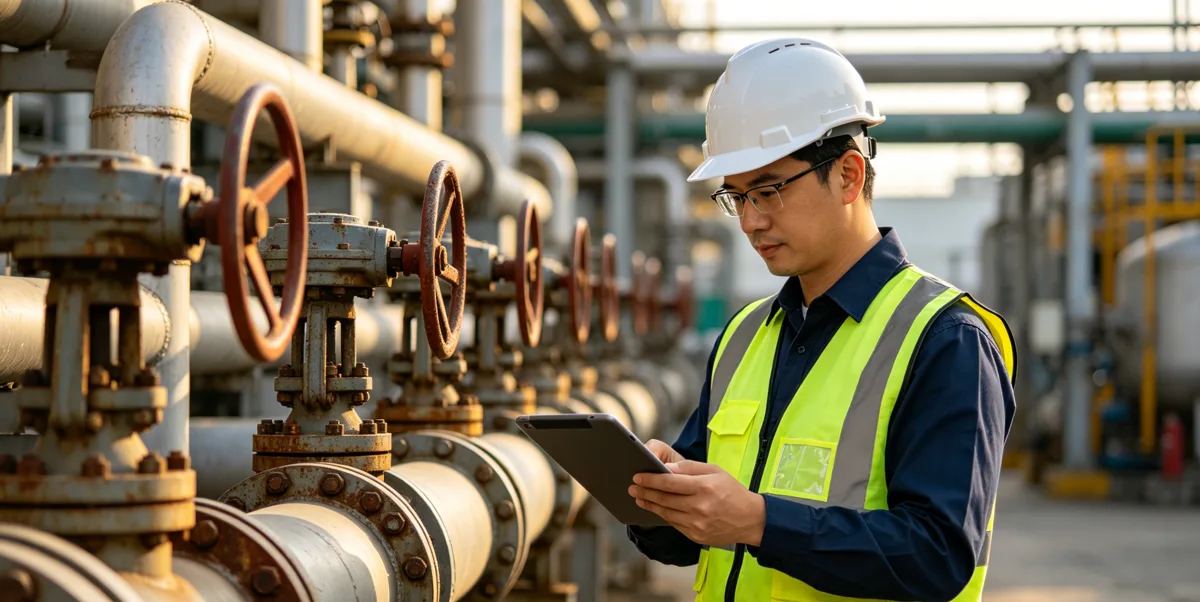 Engineer reviewing valve and piping drawings beside installed pipeline valves