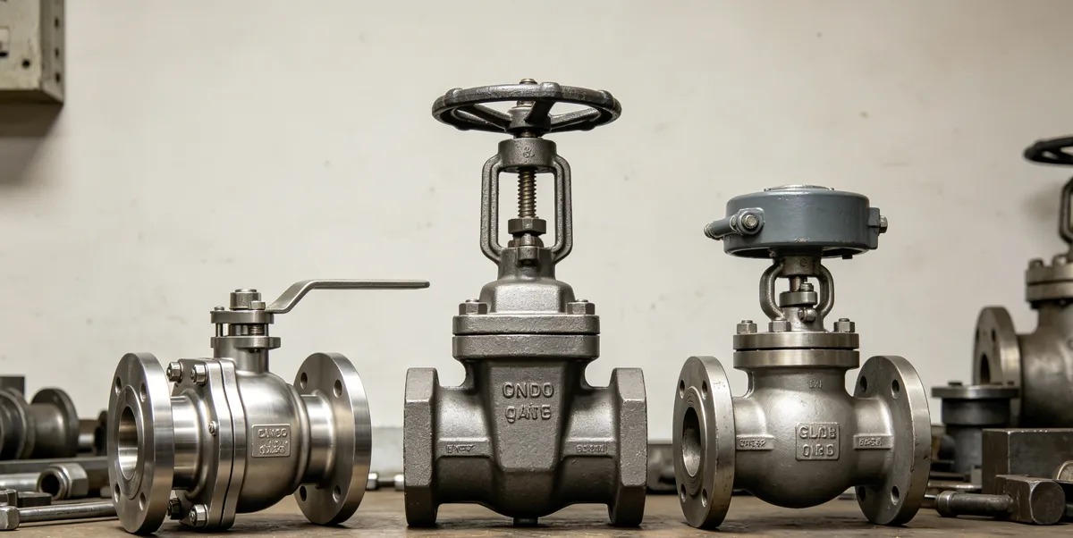 Ball, gate, globe and control valves shown side by side on a workbench