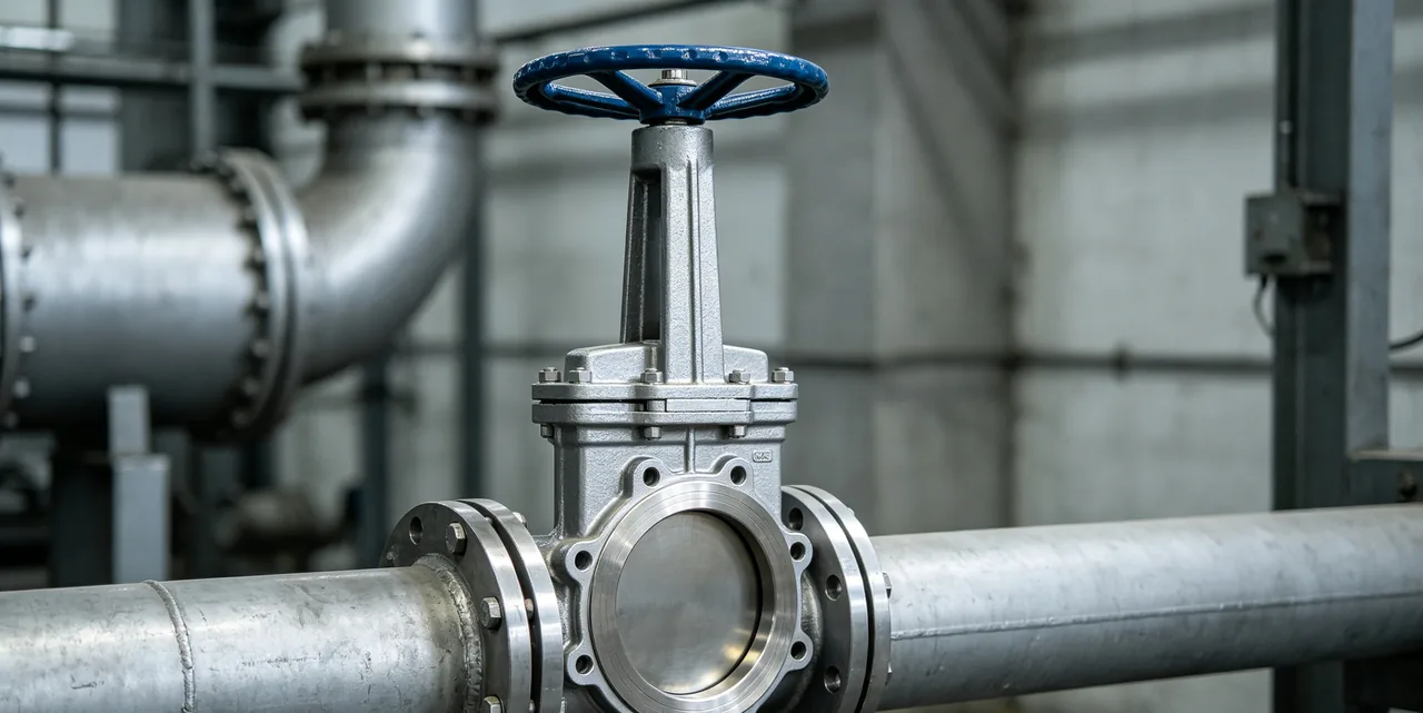 Industrial knife gate valve with handwheel and flanged connection installed on plant piping