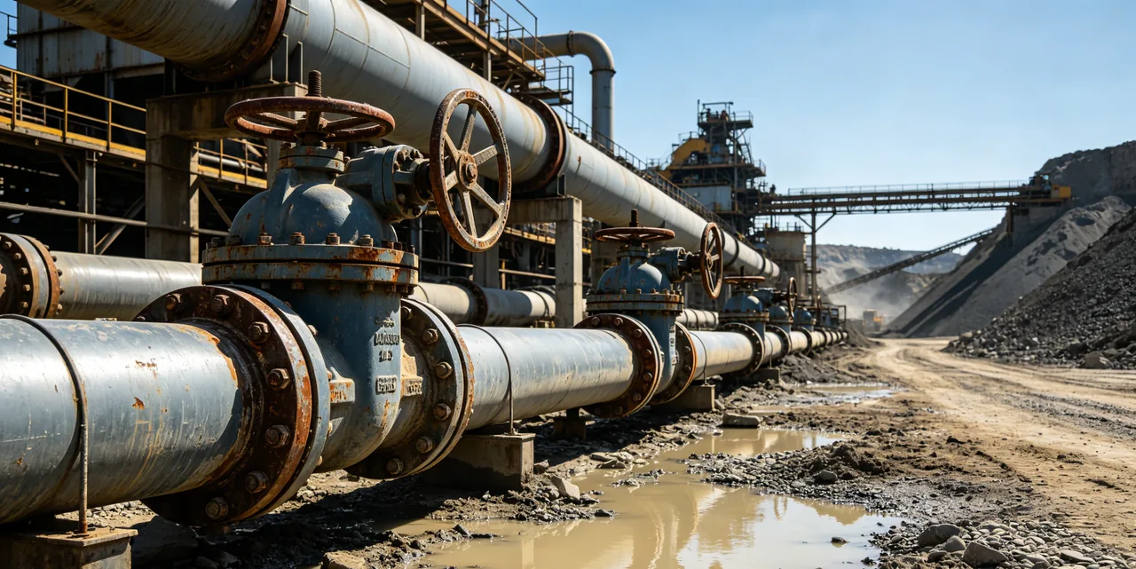 Slurry pipelines at a mineral processing plant where knife gate valves isolate abrasive tailings flow