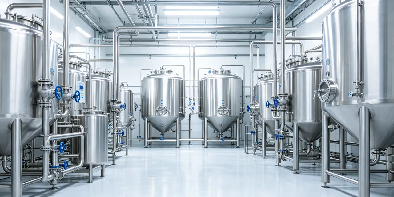 Stainless steel process tanks and sanitary piping in a pharmaceutical manufacturing facility