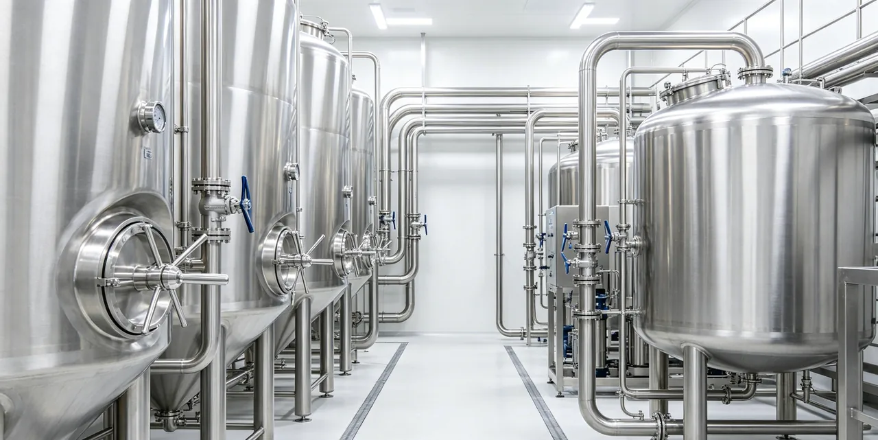 Polished stainless steel process vessels and sanitary valve manifolds in a clean biotech process room